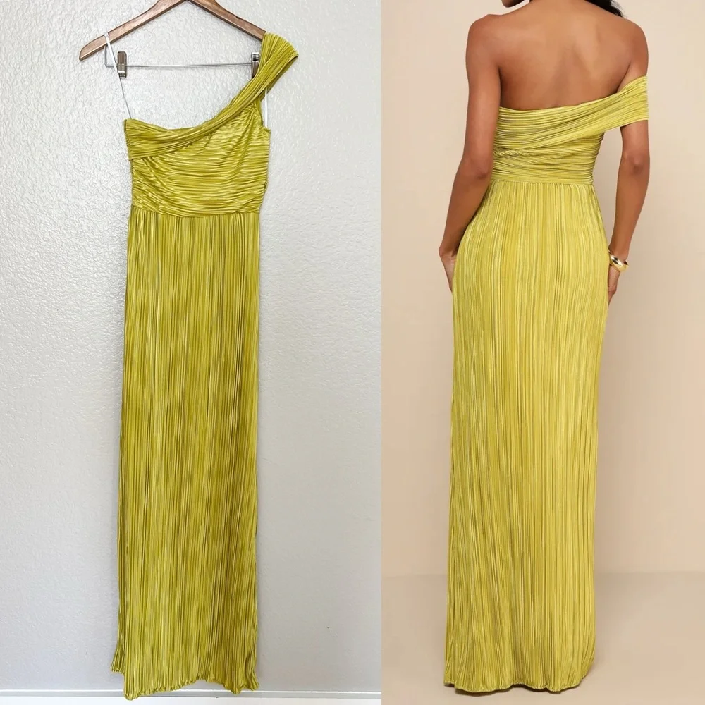 NWOT Poised Performance Chartreuse Plisse One-Shoulder Maxi Dress - Picture 3 of 9